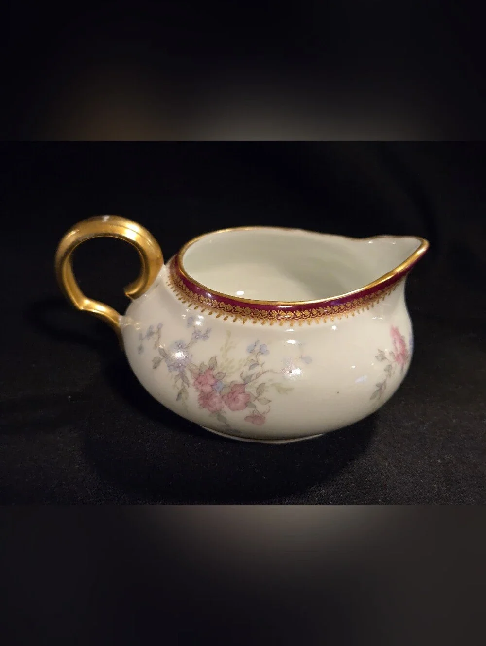 Gold-Trim Floral Porcelain Creamer - White with Pink and Lavender By Limoges